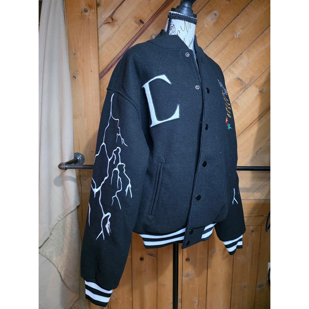 Civil Regime Roses From Concrete Black Varsity Jacket Lightning Bolt Mens NWT